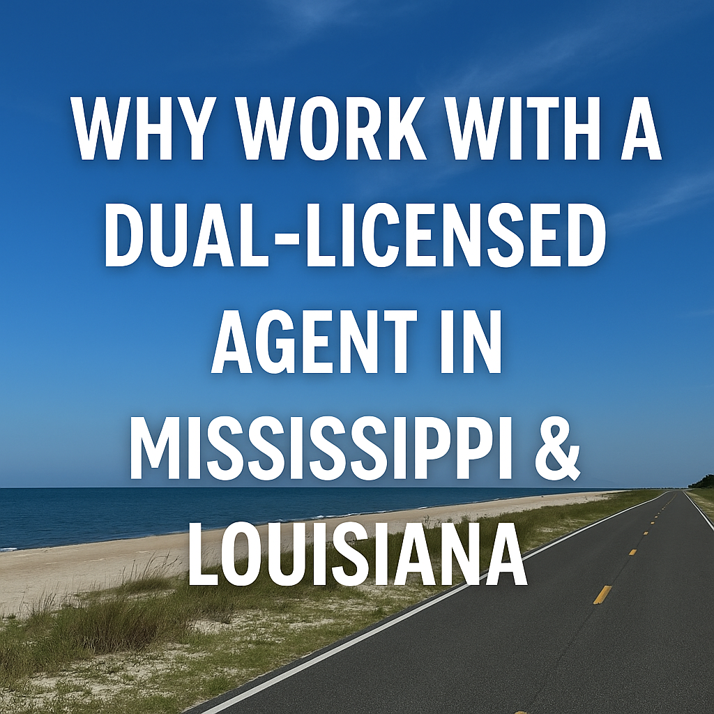 Dual-licensed Mississippi and Louisiana real estate agent graphic for coastal buyers and sellers