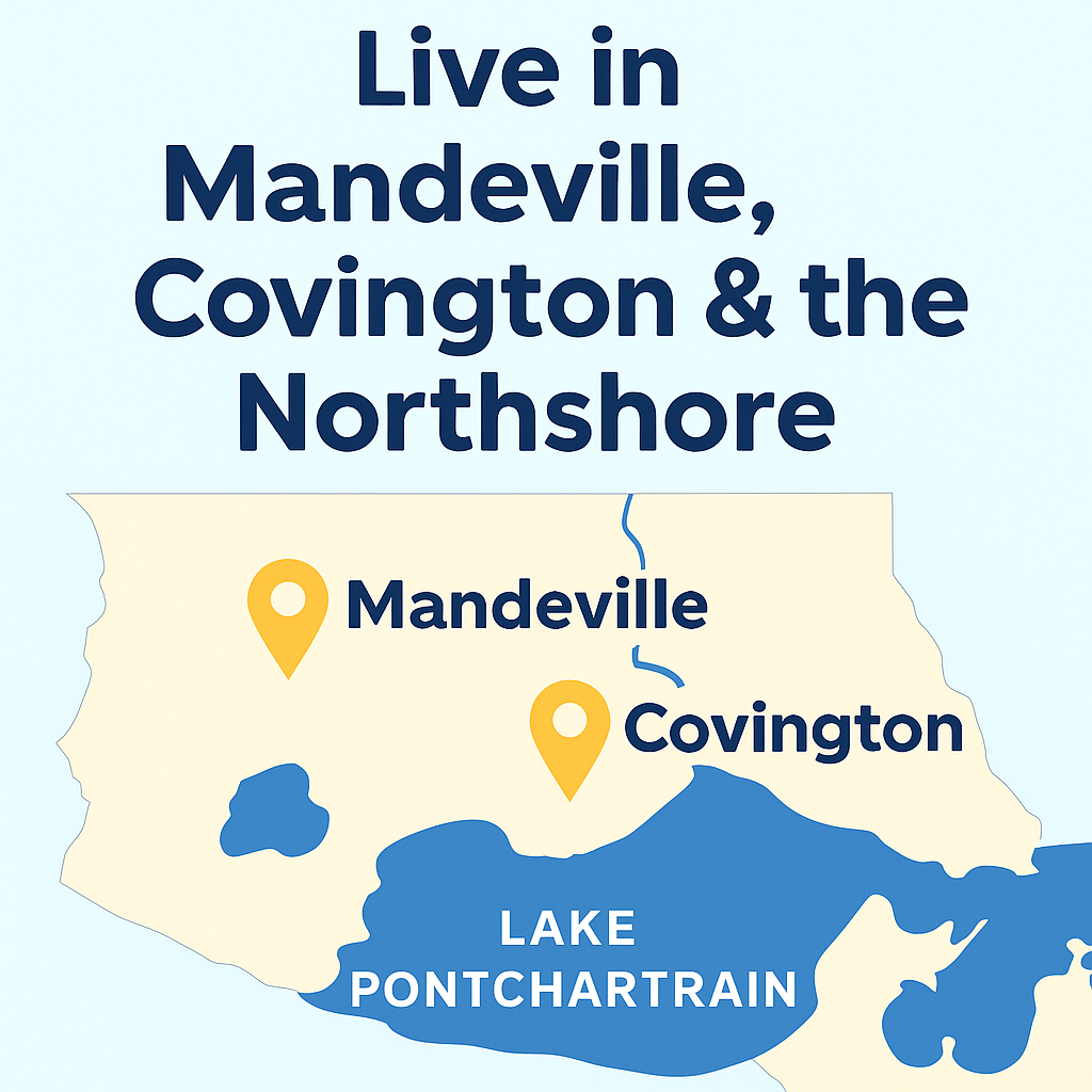 "Louisiana Northshore real estate map featuring Mandeville and Covington with location markers near Lake Pontchartrain."