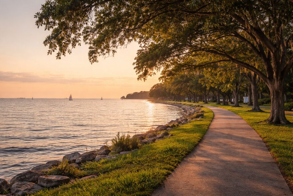 Mandeville neighborhoods guide: Lake Pontchartrain shoreline in Mandeville, Louisiana at golden hour