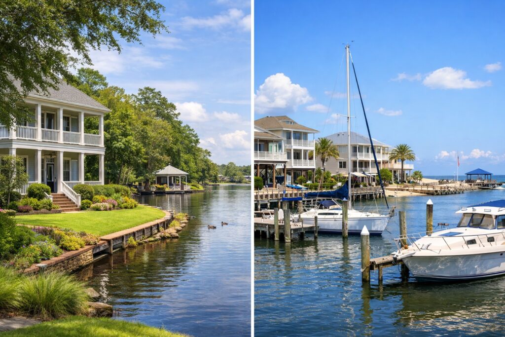 Split image comparing waterfront living in Slidell Louisiana and the Mississippi Gulf Coast